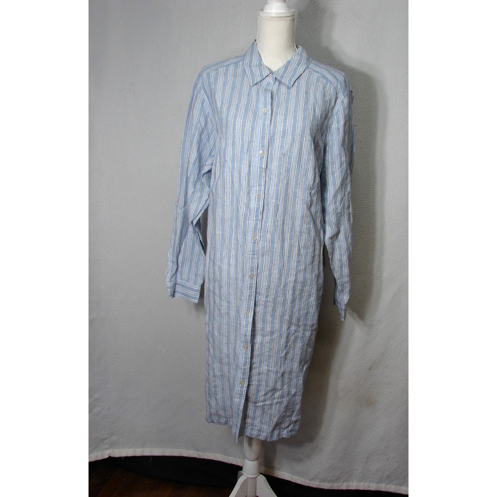 New J Jill Love Linen Long Sleeve Shirt Dress Plus Sz 2X Blue Striped Button Up